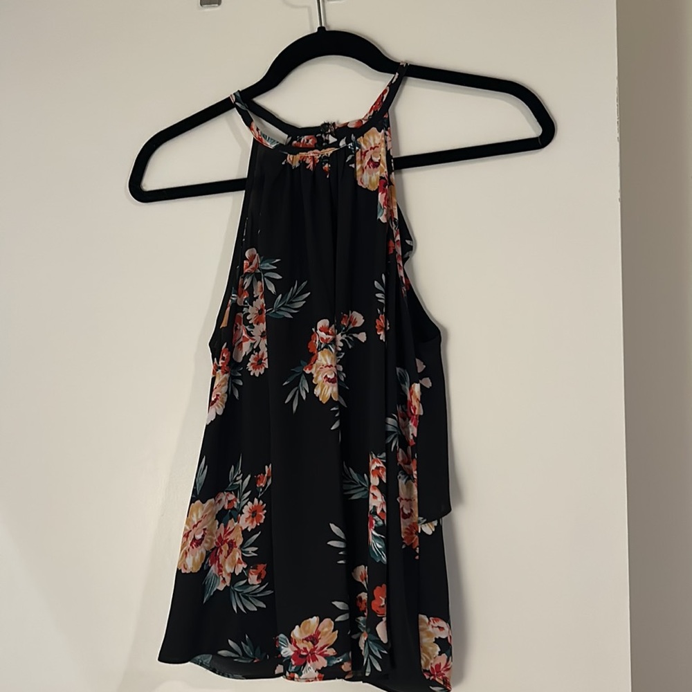 Lush Floral Black Tank with Open Back, Size Small